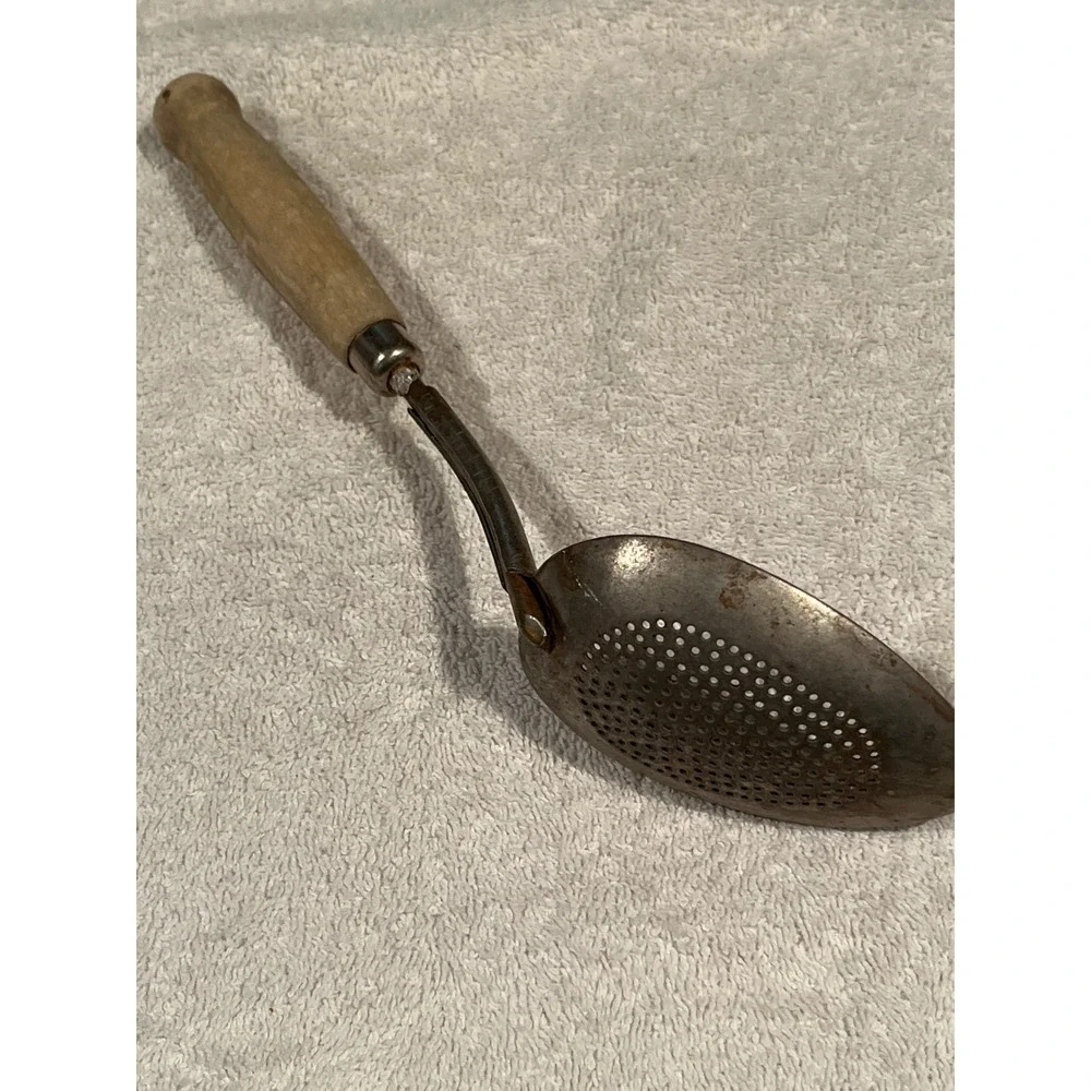 Vintage Perforated Skimmer Spoon Primitive Wooden Handle Rustic Kitchen Tool